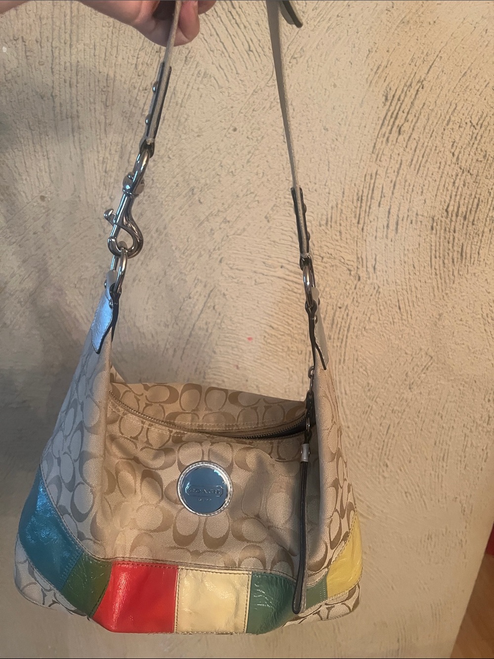 Coach Beige Hobo with Multicolor Leather Patch Accents